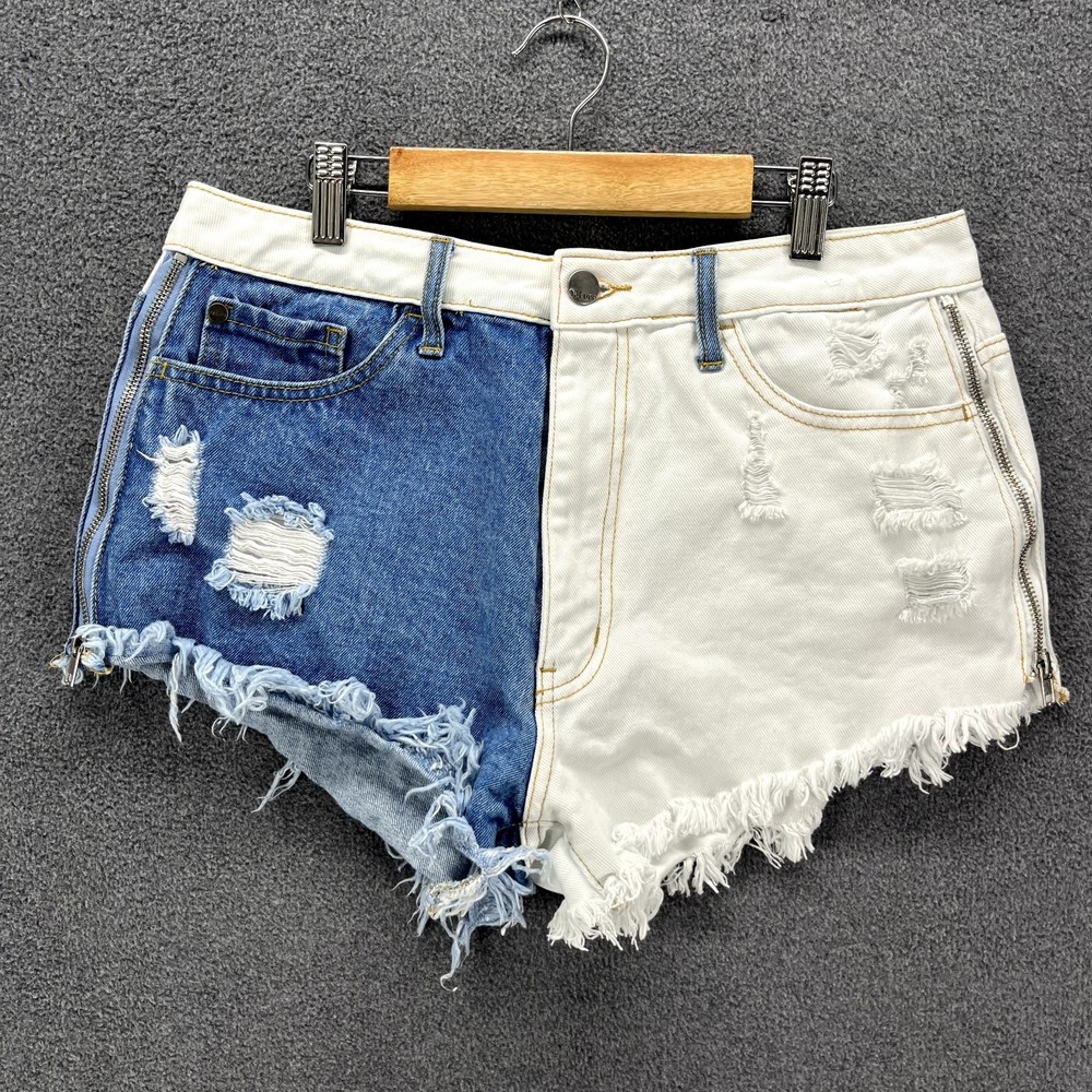 Nature Jeans Shorts Women‎ L Large Blue white Denim Distressed Cut Off High Rise